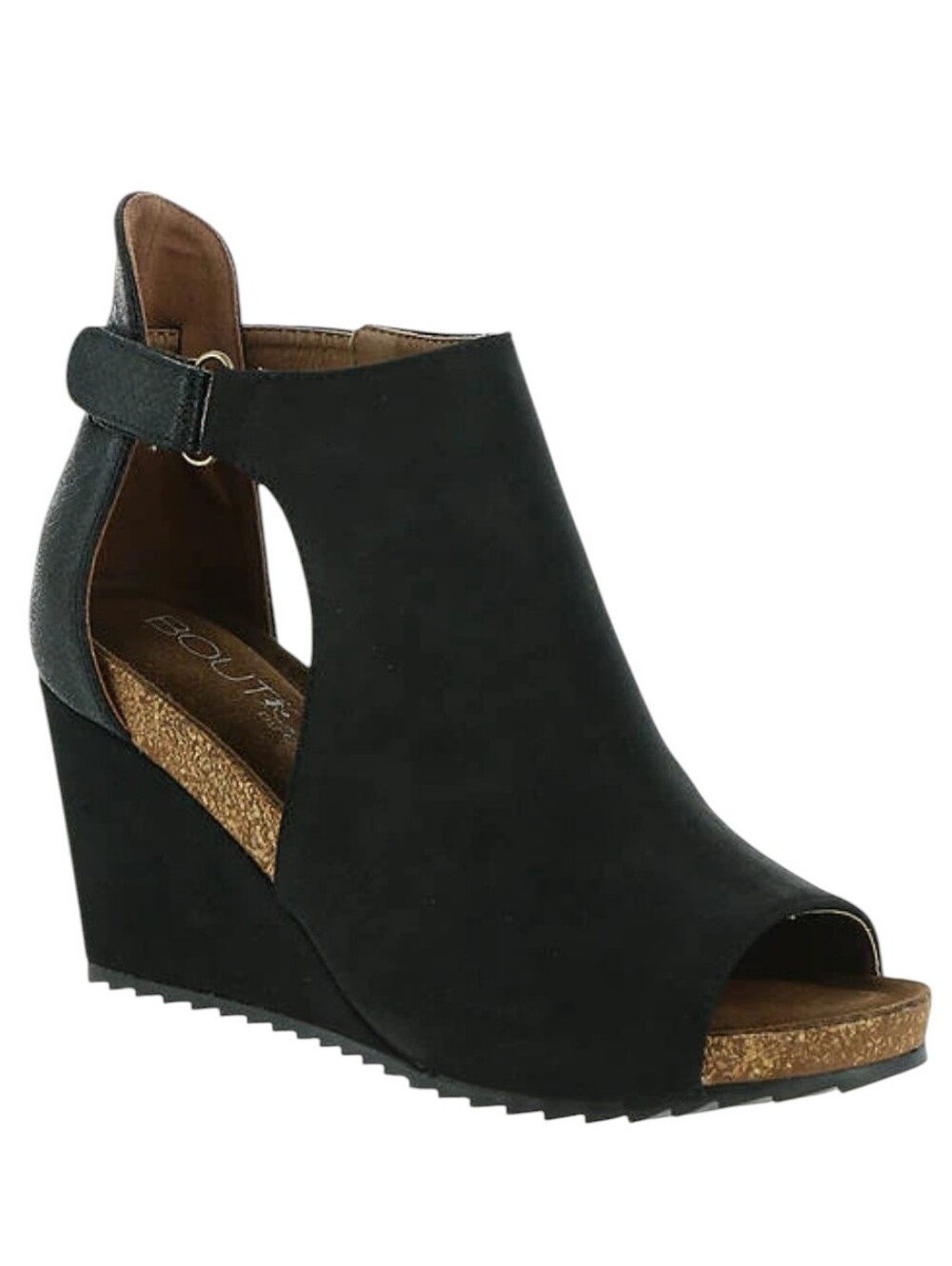Corkey's Boutique Brand Sunburst Open Toe Wedge Dress Shoe Heels Velcro Black 8